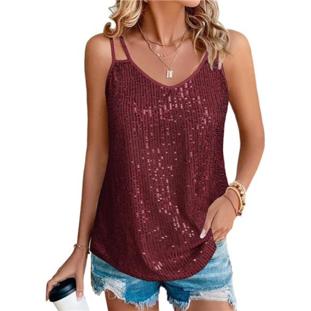 Womens Sequin Tops V Neck Tank Tops Burgundy